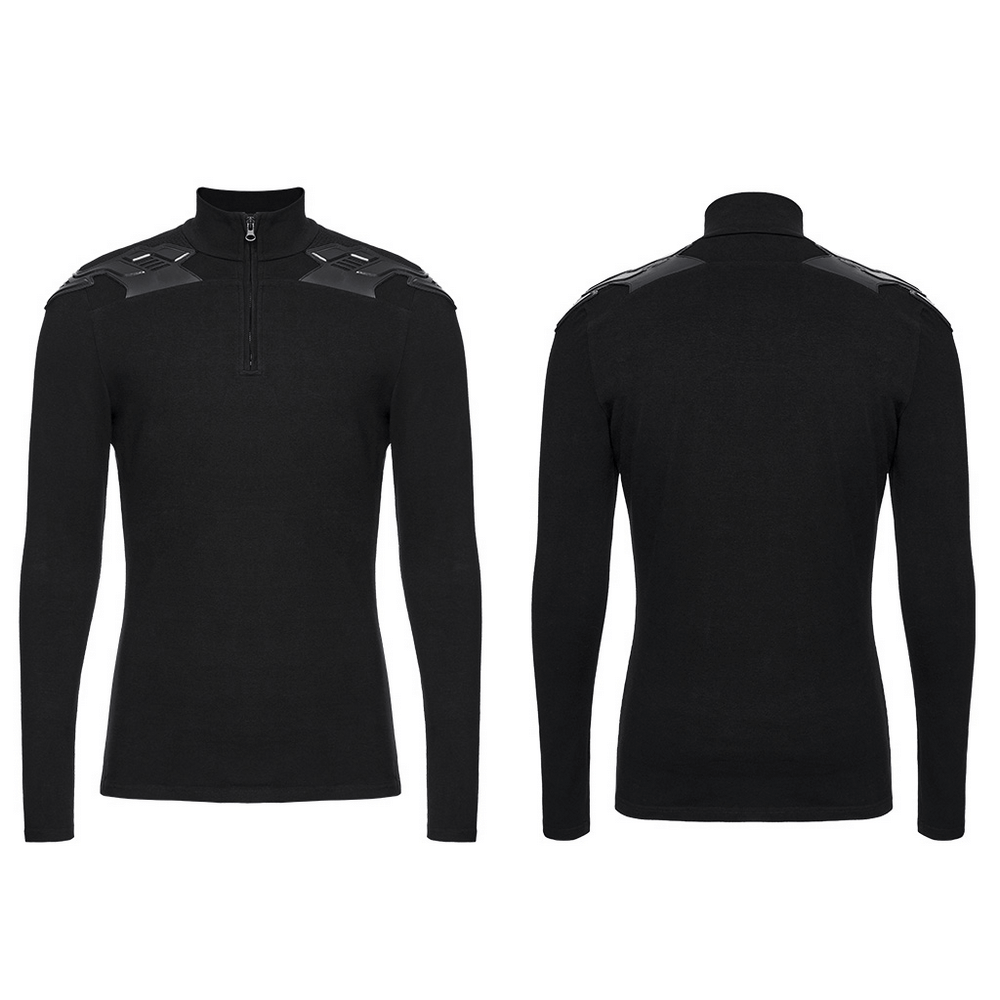 Black cyberpunk men's top with shoulder patches and zipper, showcasing a sleek front and back design for tactical wear.