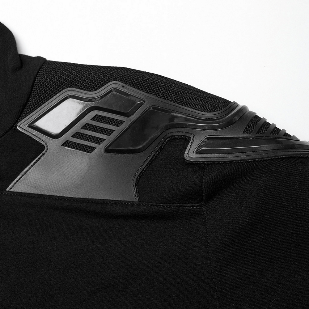 Close-up of durable shoulder patch on a black Cyberpunk male top, showcasing sleek tactical design and functionality.