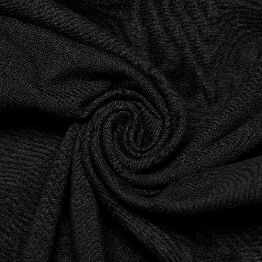 Close-up of soft black fabric in a swirl pattern, perfect for a stylish cyberpunk top design.