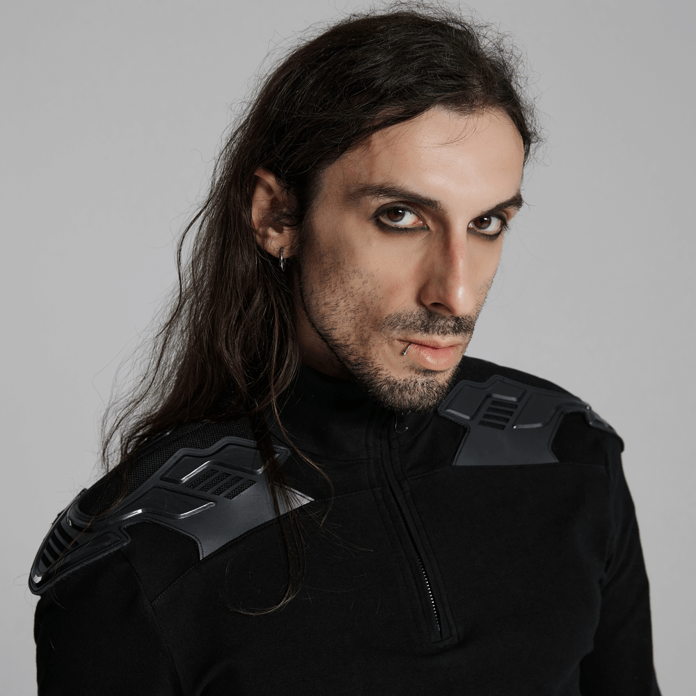 Cyberpunk male model showcasing a black top with shoulder patches and zipper, perfect for tactical and casual wear.