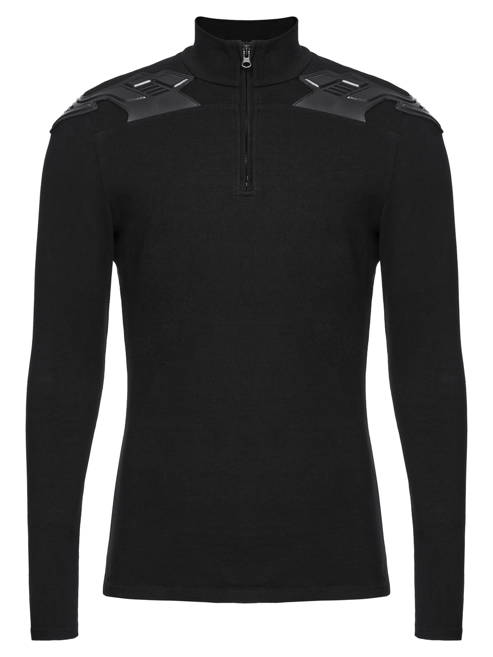 Men's black tactical top with shoulder patches and zipper, perfect for outdoor and casual wear.