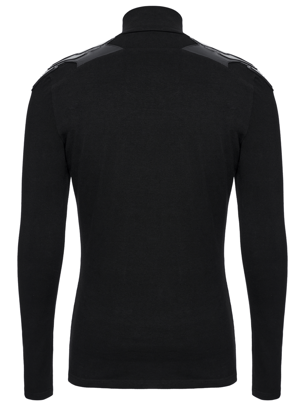 Back view of a men's black cyberpunk top featuring shoulder patches and a high collar, perfect for tactical and casual wear.