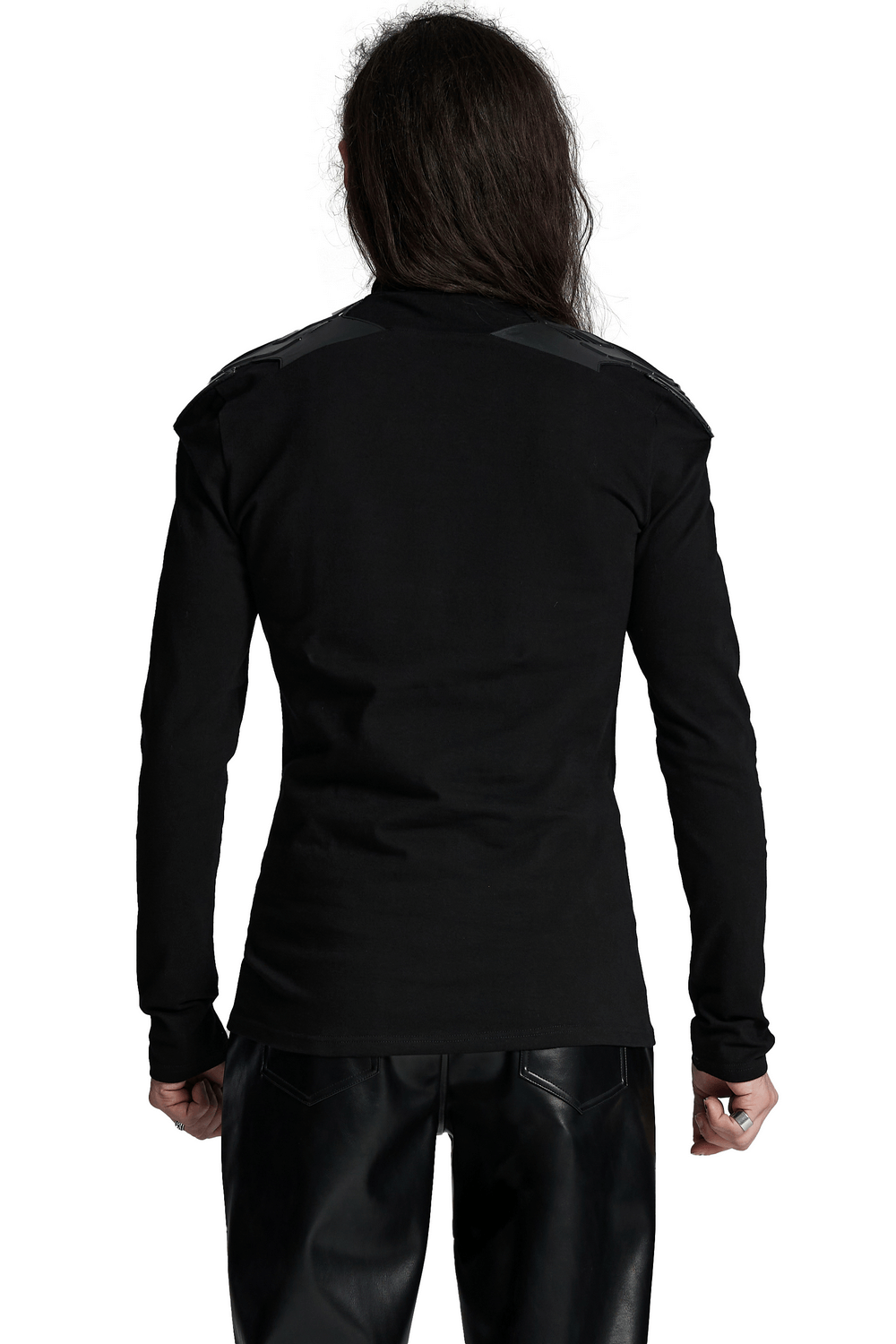 Men's black long-sleeved top with shoulder patches and zipper, viewed from the back, exuding a sleek cyberpunk style.