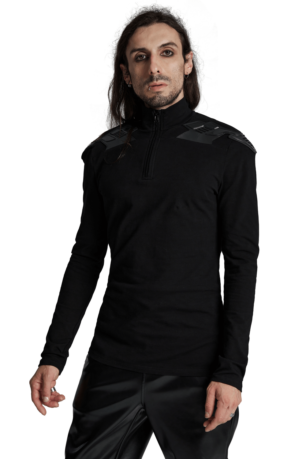 Cyberpunk men's black top with shoulder patches and zipper, perfect for tactical or casual wear.