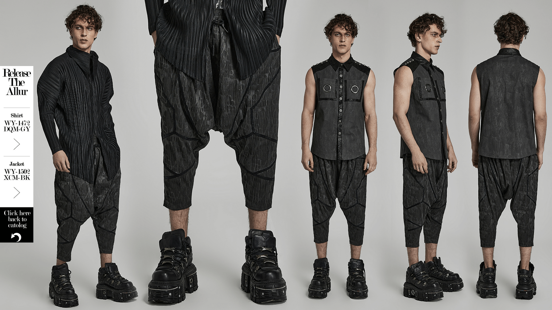 Stylish Cyberpunk men's snake texture cropped trousers showcasing drop-crotch design and contrasting ribbon layers.