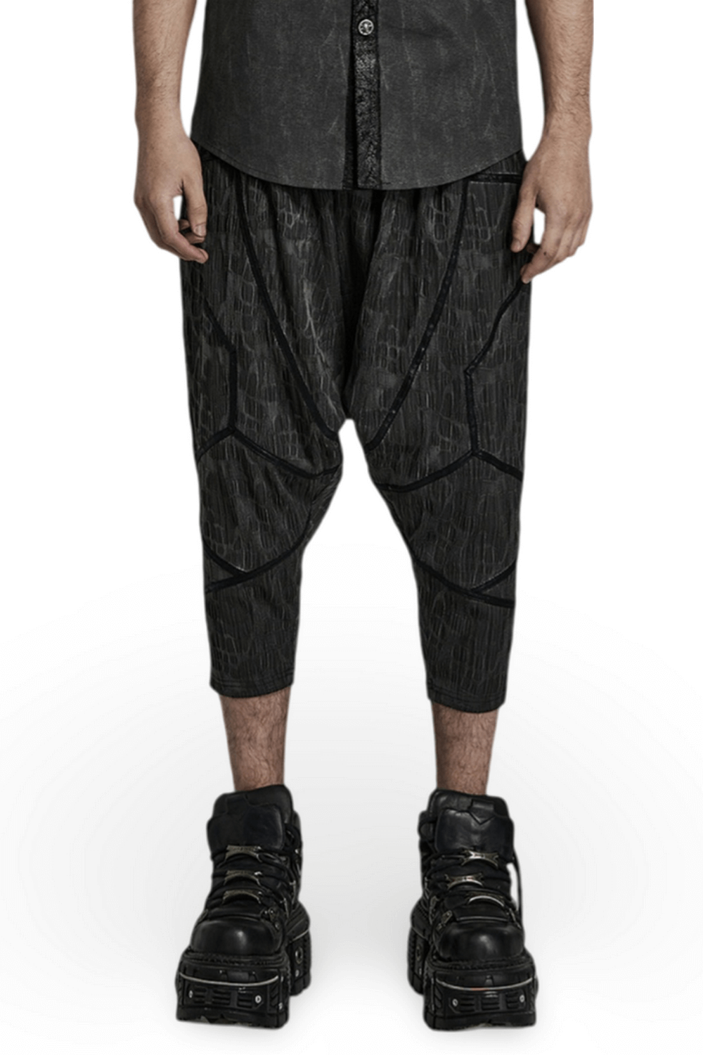 Cyberpunk men's snake texture cropped trousers with drop-crotch design, perfect for alternative fashion.