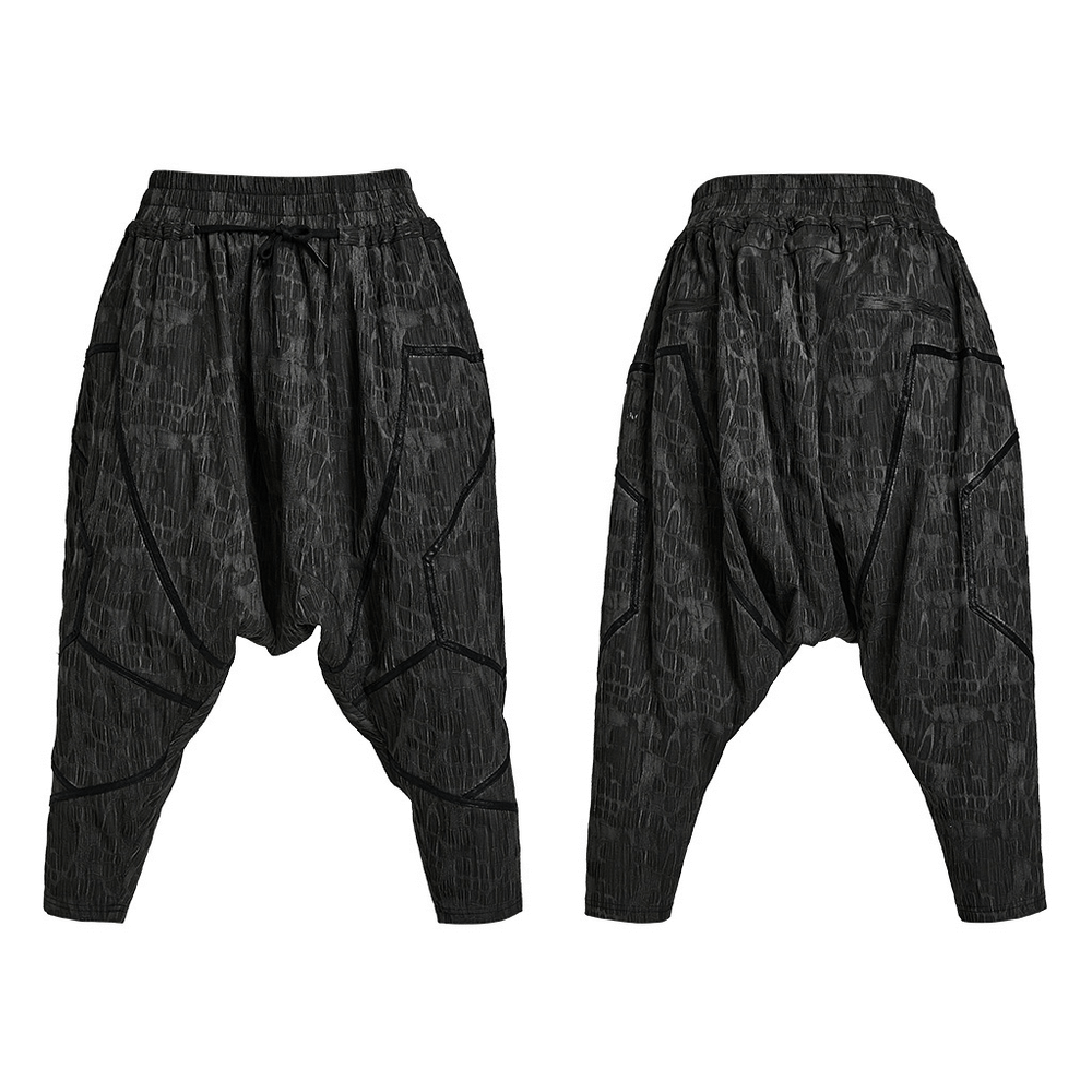 Cyberpunk men's cropped trousers in snake texture with drop-crotch and layered design, featuring an elastic waistband.