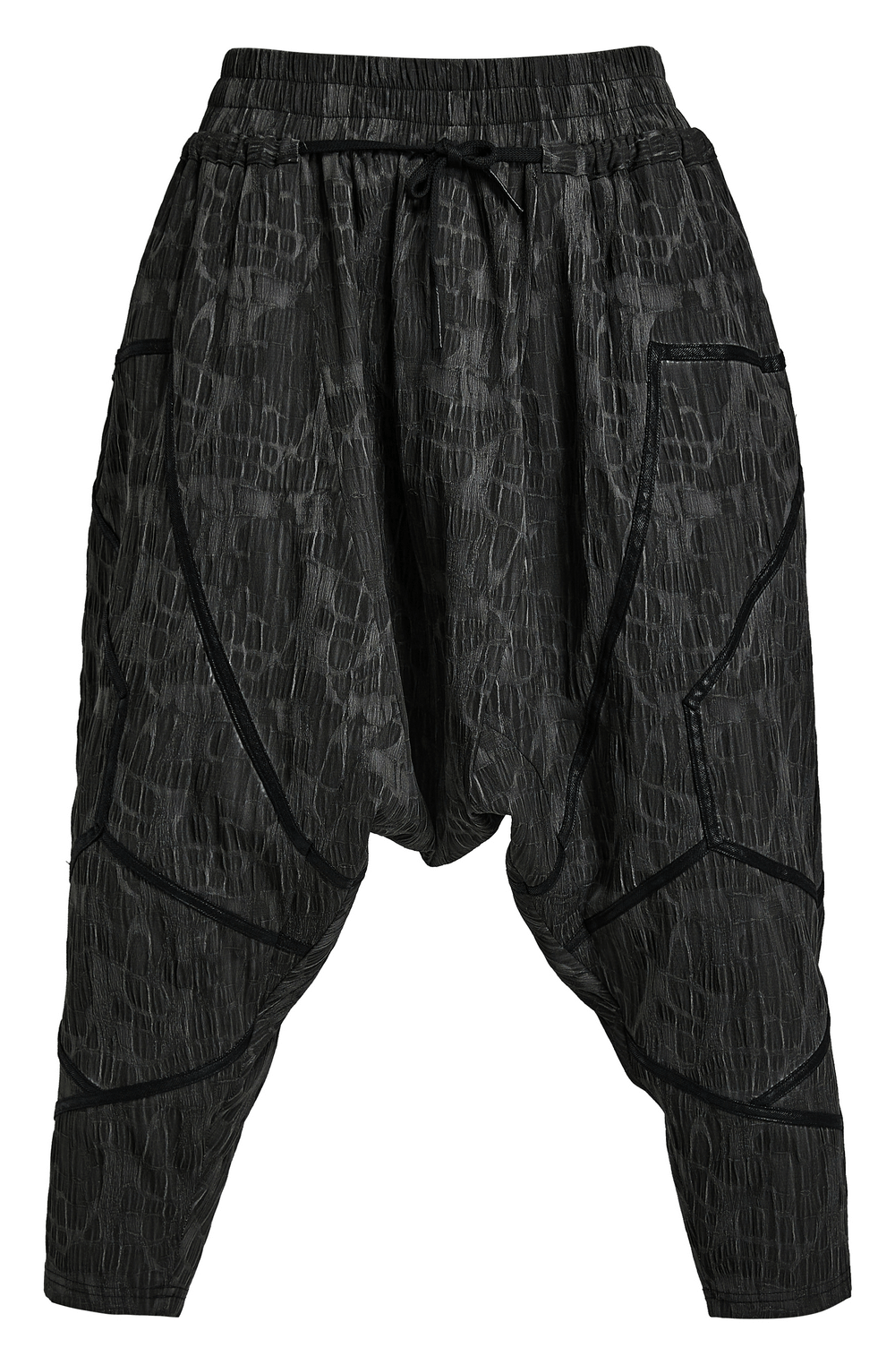 Cyberpunk men's cropped trousers with snake print texture and contrasting ribbon layers, perfect for alternative fashion.