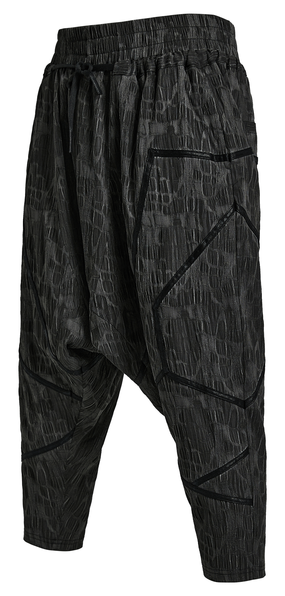 Cyberpunk men's cropped trousers in snake texture, featuring drop-crotch design and contrasting ribbon layers.