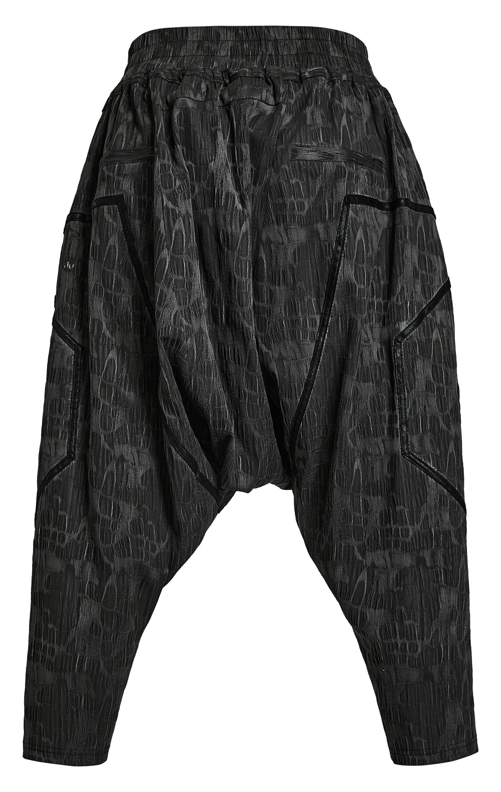 Cyberpunk men's cropped trousers with snake texture, drop-crotch design, and elastic waistband for alternative style.