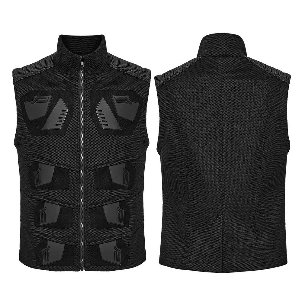 Cyberpunk mesh and leather vest featuring 3D rubber detailing, stylish black design, front and back view.