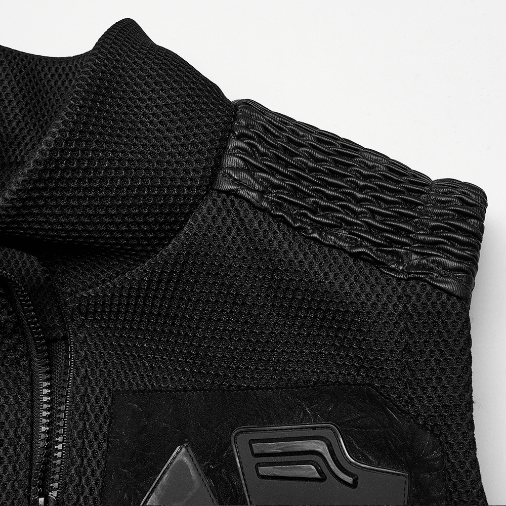Close-up of a cyberpunk mesh and leather vest featuring 3D rubber detailing and textured collar design.
