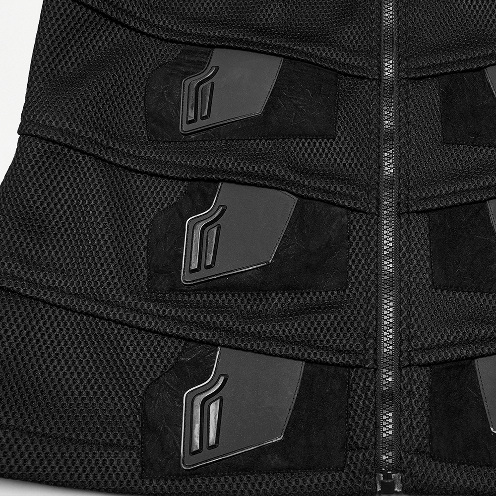 Close-up of a cyberpunk mesh and leather vest showcasing 3D rubber detailing and unique design elements.
