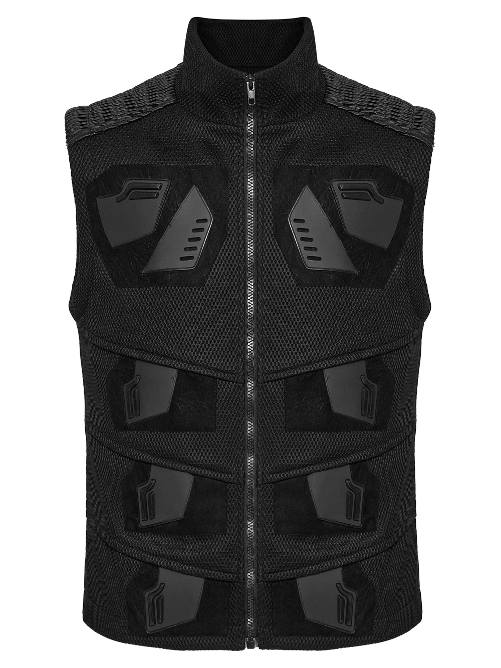Cyberpunk mesh and leather vest featuring 3D rubber detailing, perfect for edgy street style.