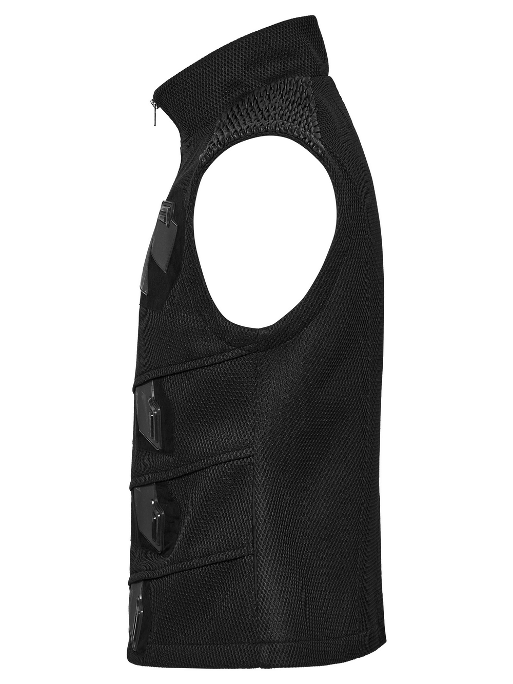 Cyberpunk mesh and leather vest featuring 3D rubber detailing, stylish black design with functional zippers.