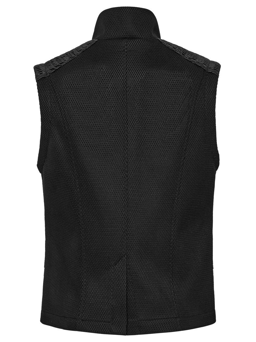 Back view of a cyberpunk mesh and leather vest featuring stylish 3D rubber detailing for a unique look.