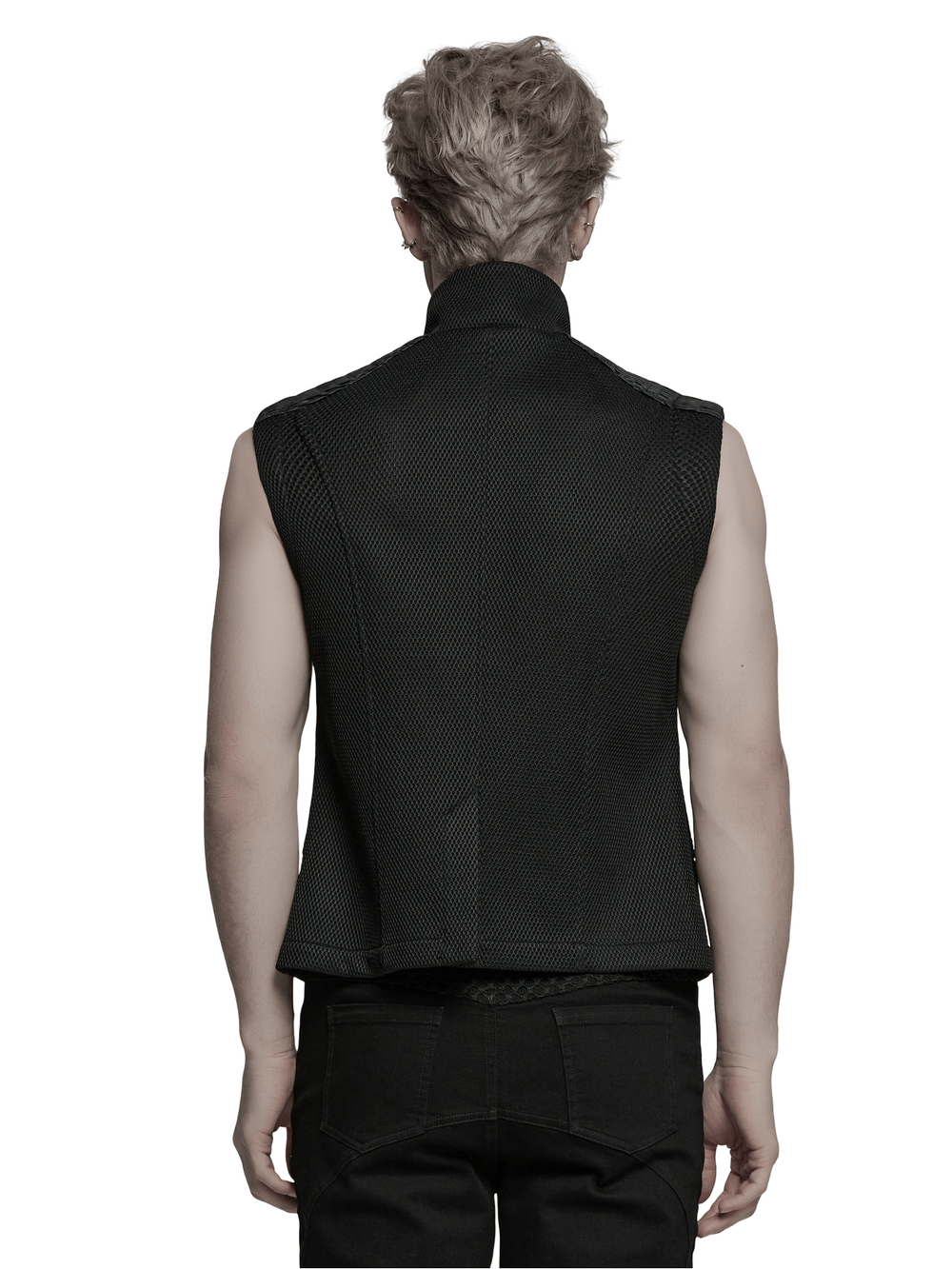 Back view of a sleek Cyberpunk mesh and leather vest showcasing 3D rubber detailing in a stylish black design.