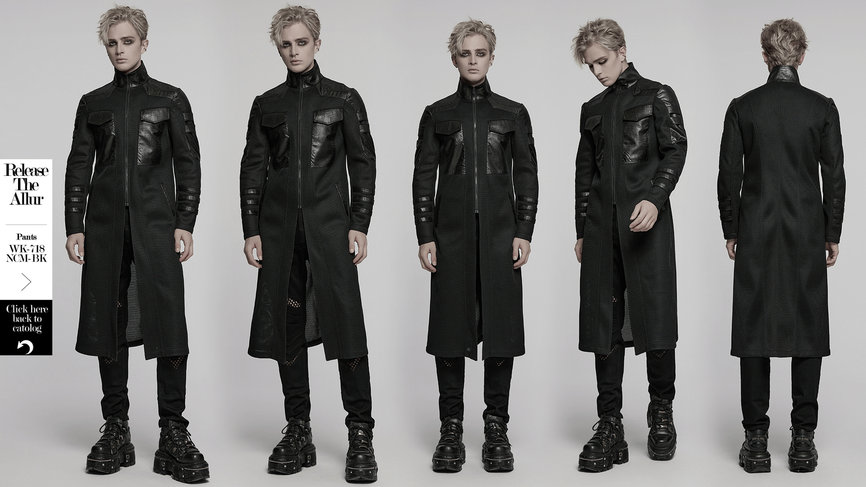 Stylish cyberpunk coat with geometric design and straps, showcasing a sleek silhouette and functional pockets.