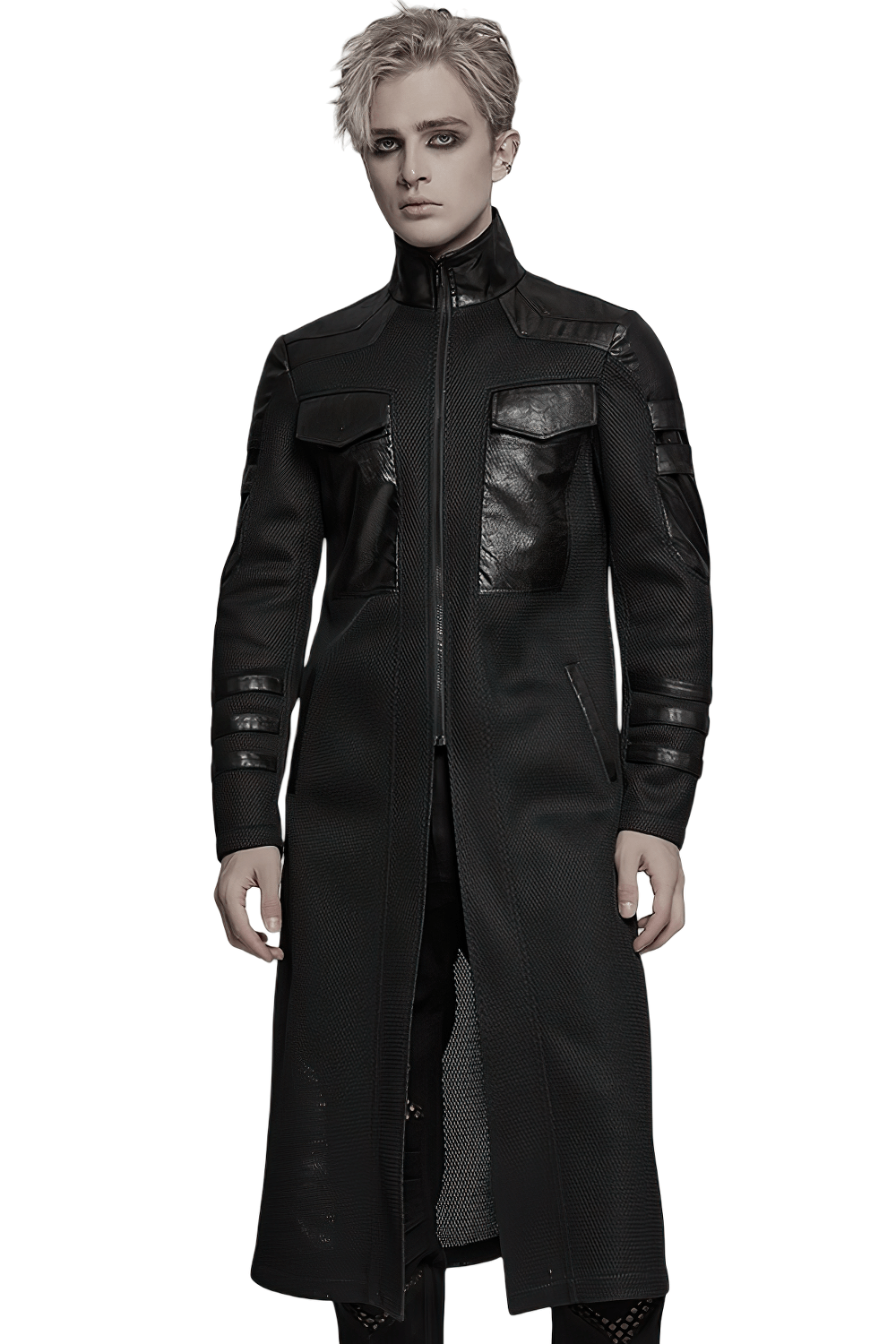 Sleek black cyberpunk coat with geometric design, decorative straps, and large pockets for a stylish, modern look.