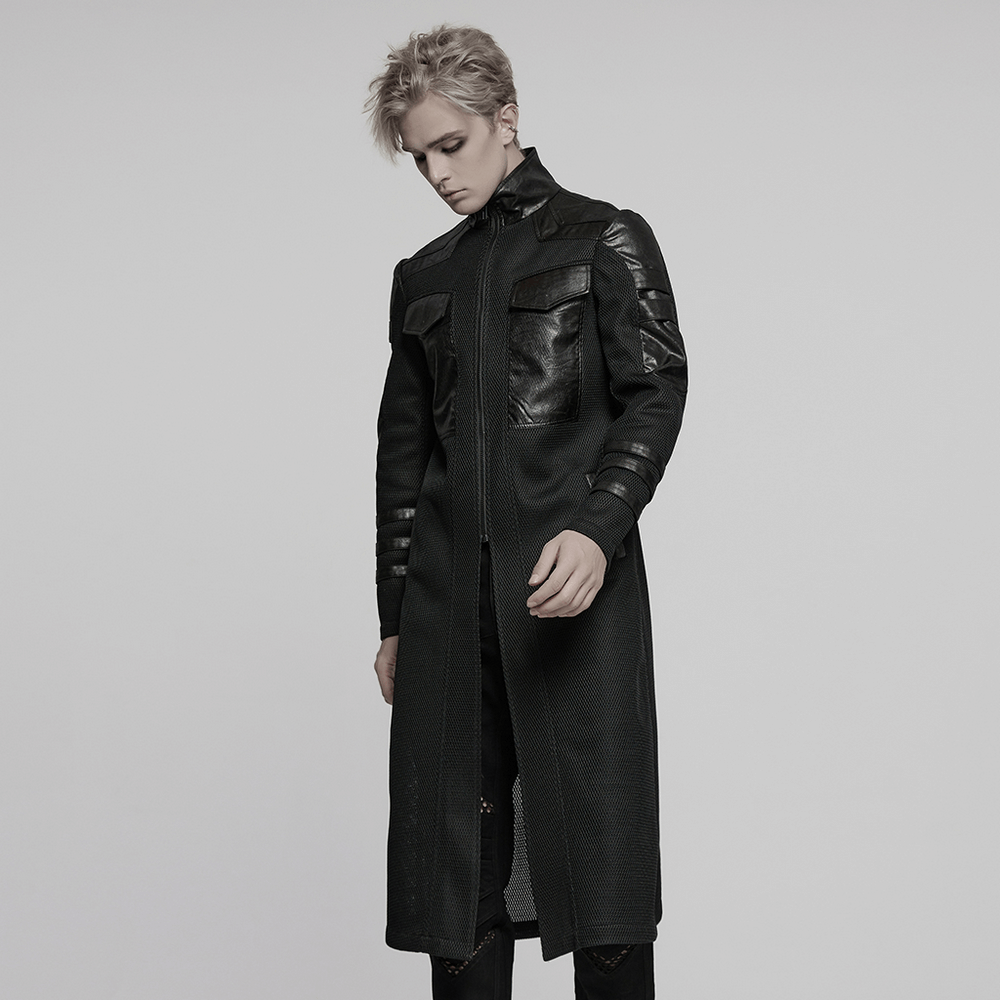 Sleek black cyberpunk coat with decorative straps and large front pockets, styled with geometric design elements.