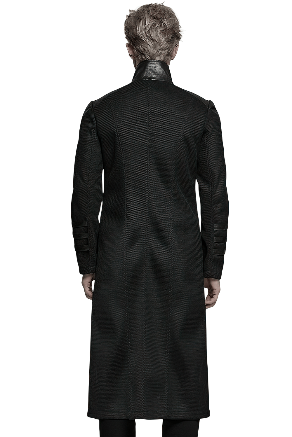 Back view of a sleek cyberpunk coat with geometric design and decorative straps, showcasing modern fashion.