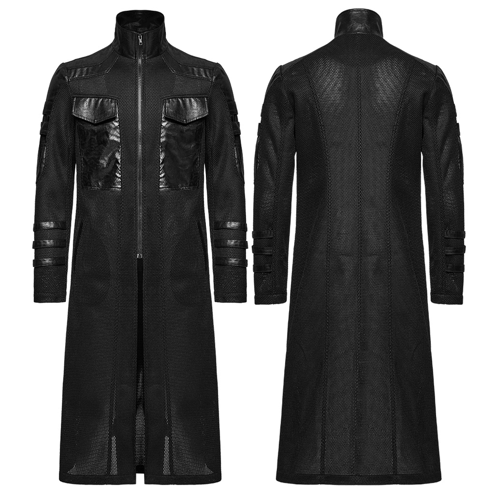 Cyberpunk mesh and twill coat with decorative straps and geometric design, featuring a sleek black finish and front pockets.