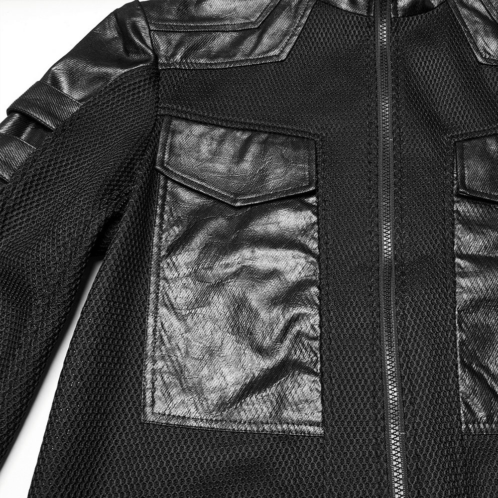 Sleek black cyberpunk coat featuring mesh fabric, large pockets, and geometric design.