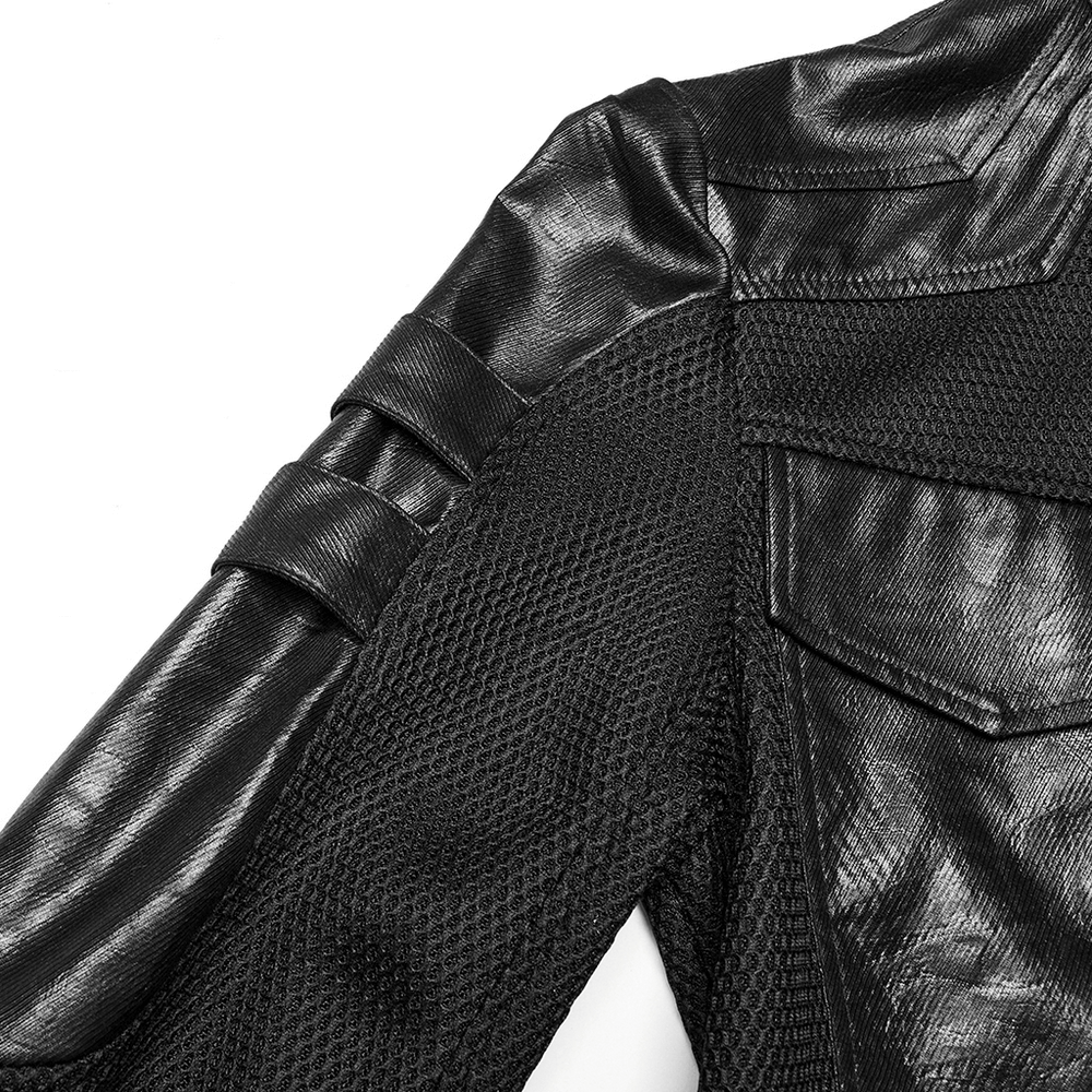 Close-up of a sleek black cyberpunk coat showcasing mesh and twill fabric with decorative straps and geometric design.