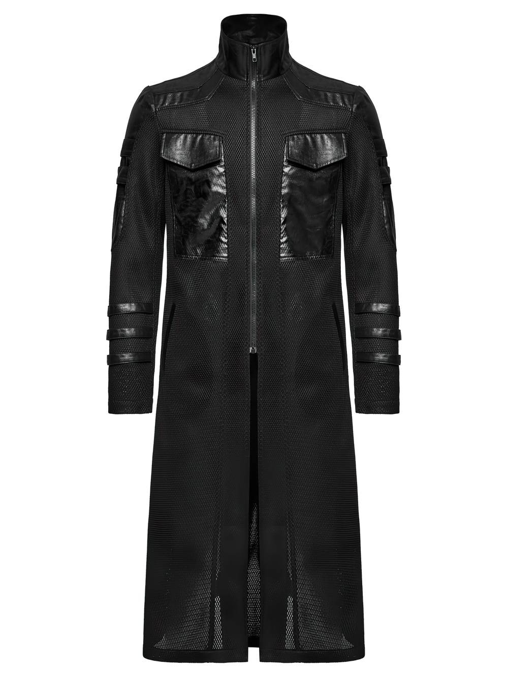 Cyberpunk Mesh and Twill Woven Coat featuring decorative straps and geometric design, sleek black with large pockets.