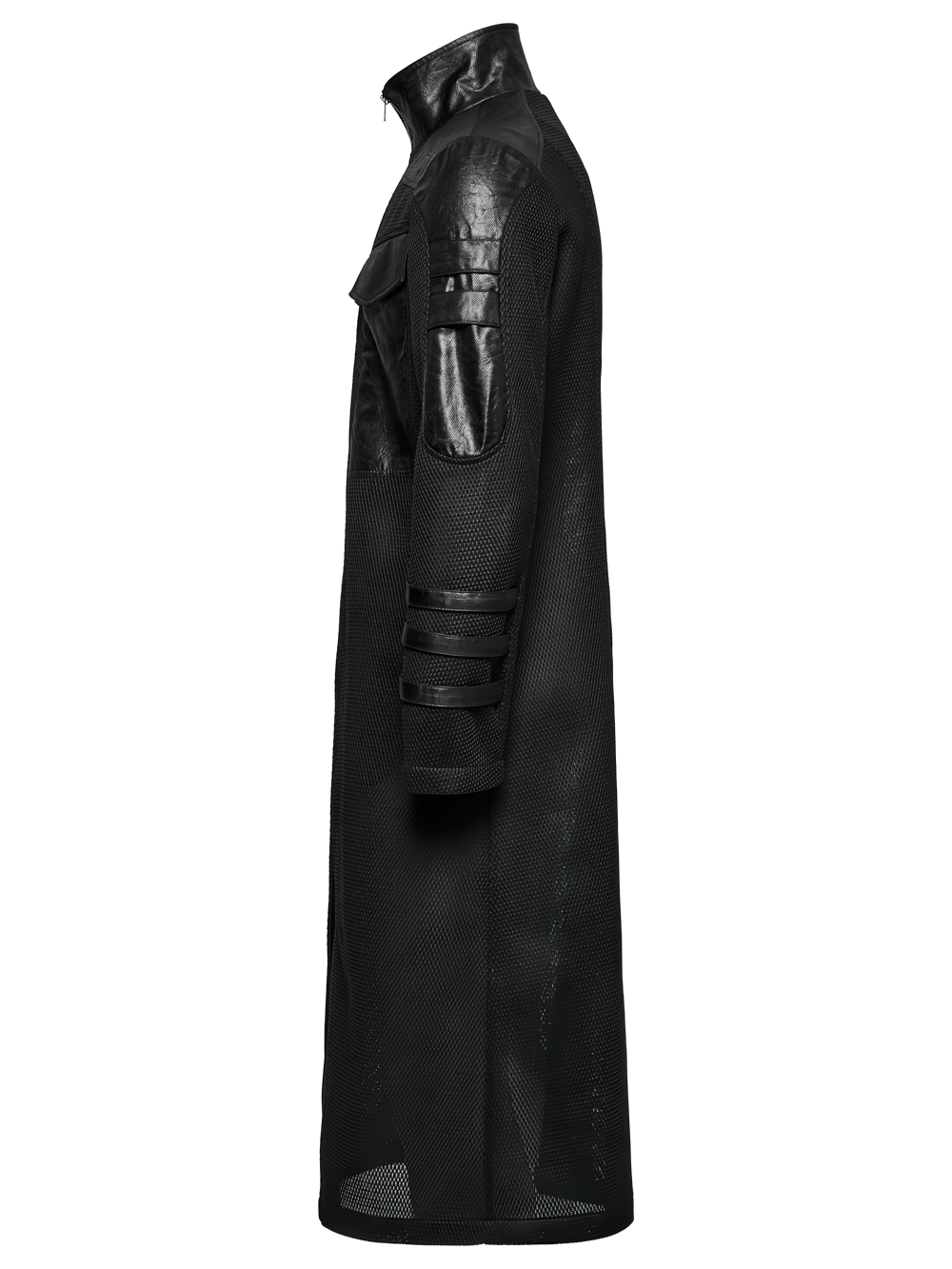 Stylish cyberpunk coat featuring a sleek silhouette, geometric design, and decorative straps in a fitted black mesh and twill fabric.