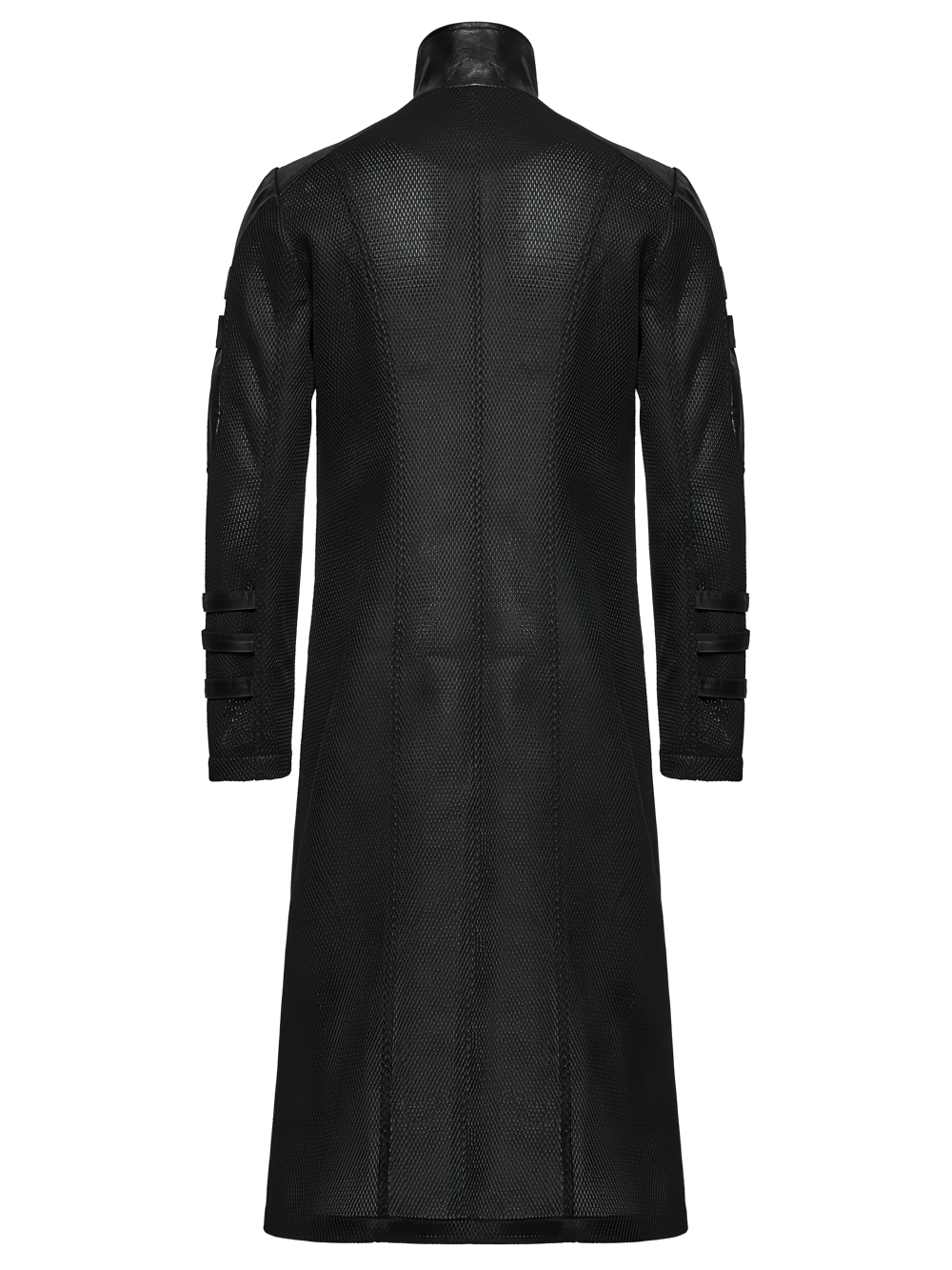 Back view of sleek black cyberpunk coat with decorative straps and geometric design.