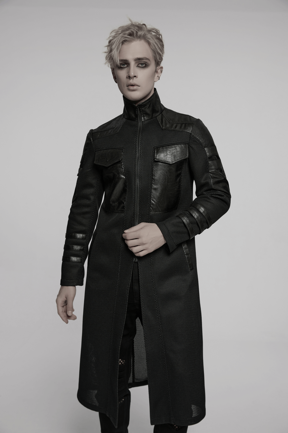 Sleek Cyberpunk coat with geometric design, shoulder straps, and large pockets, perfect for a stylish statement.