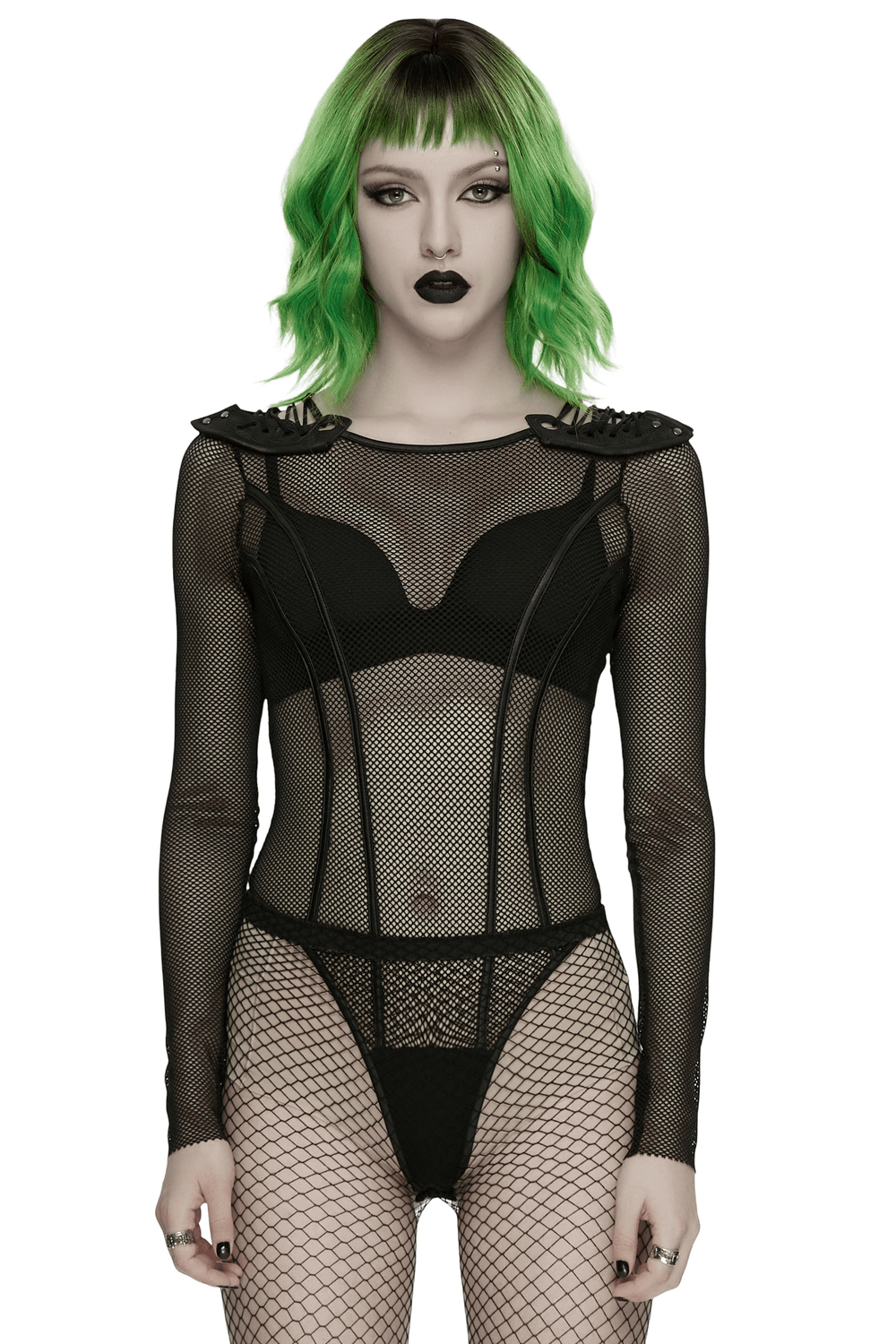 Cyberpunk Mesh Armor Shoulder Bodysuit with Snap Buttons worn by a model with vibrant green hair.