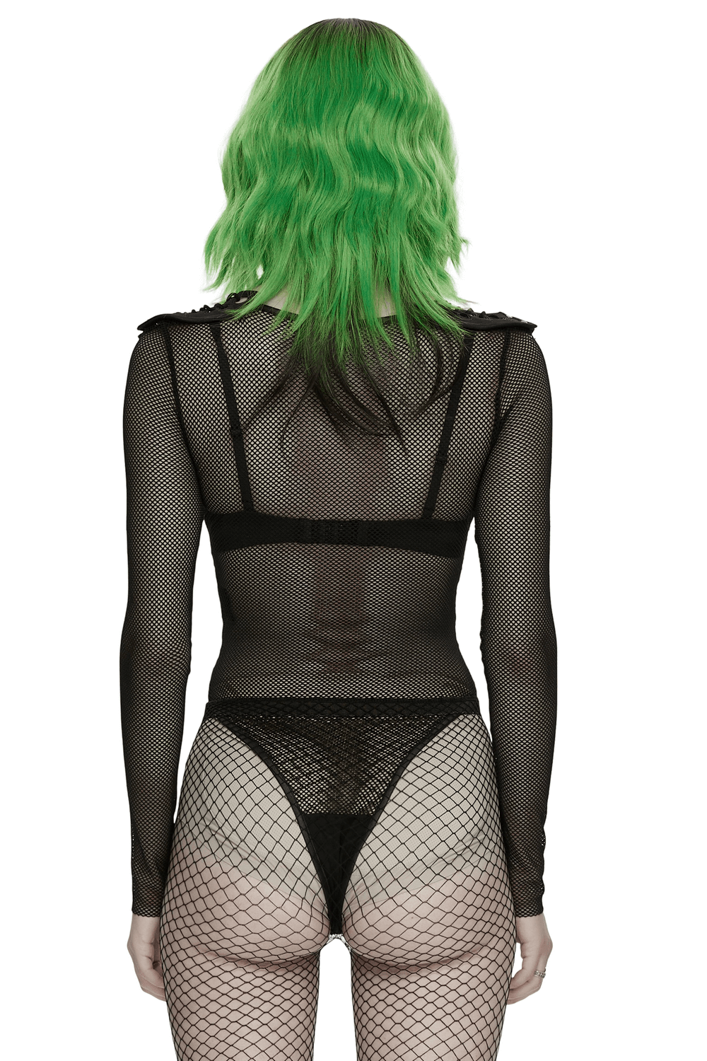Cyberpunk Mesh Armor Shoulder Bodysuit with Snap Buttons showcased from the back, featuring mesh design and snap buttons.