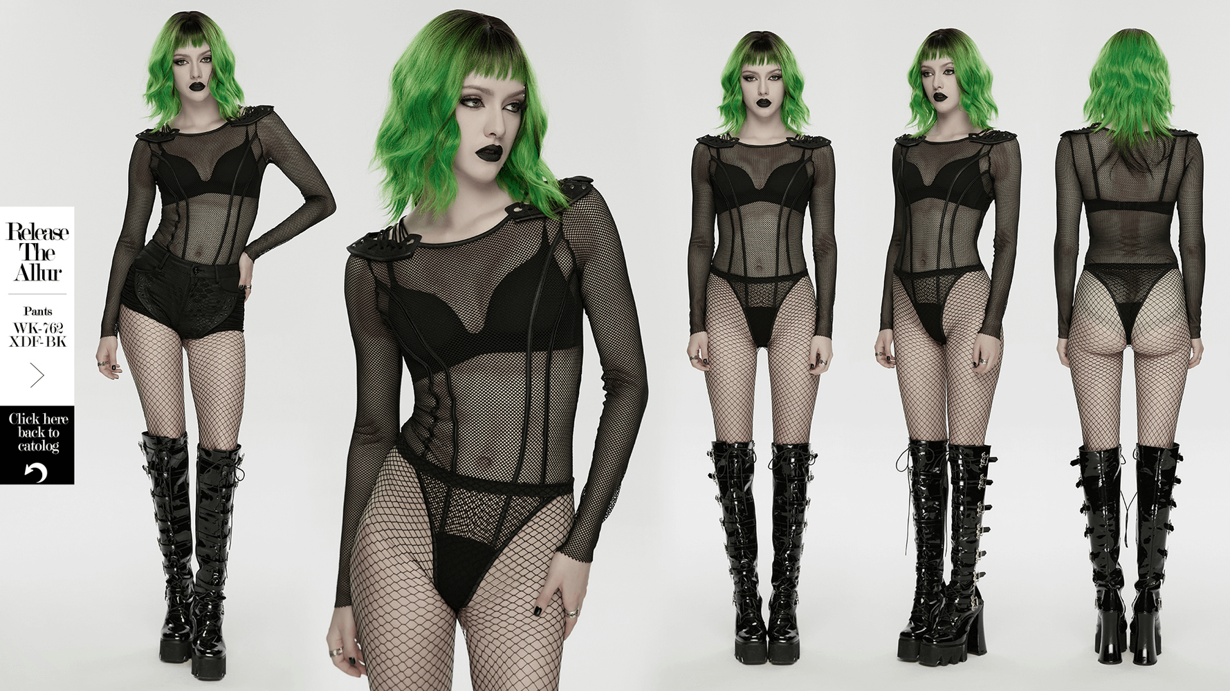 Cyberpunk Mesh Armor Shoulder Bodysuit with Snap Buttons displayed on model with green hair and fishnet stockings.