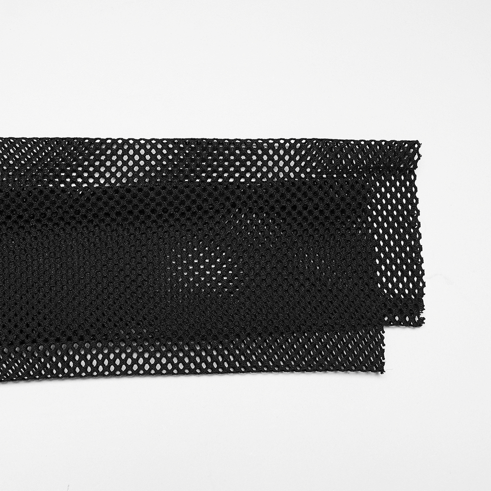 Close-up of Cyberpunk Mesh Armor Shoulder Bodysuit with Snap Buttons showcasing the black mesh design.