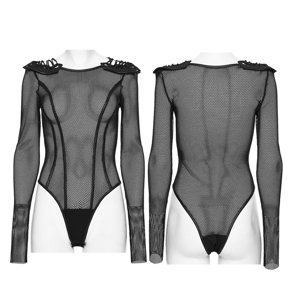 Cyberpunk Mesh Armor Shoulder Bodysuit with Snap Buttons featuring a sleek black design and mesh detail on display.