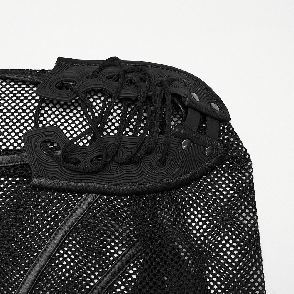 Close-up of Cyberpunk Mesh Armor Shoulder Bodysuit with Snap Buttons detailing and lace-up feature.