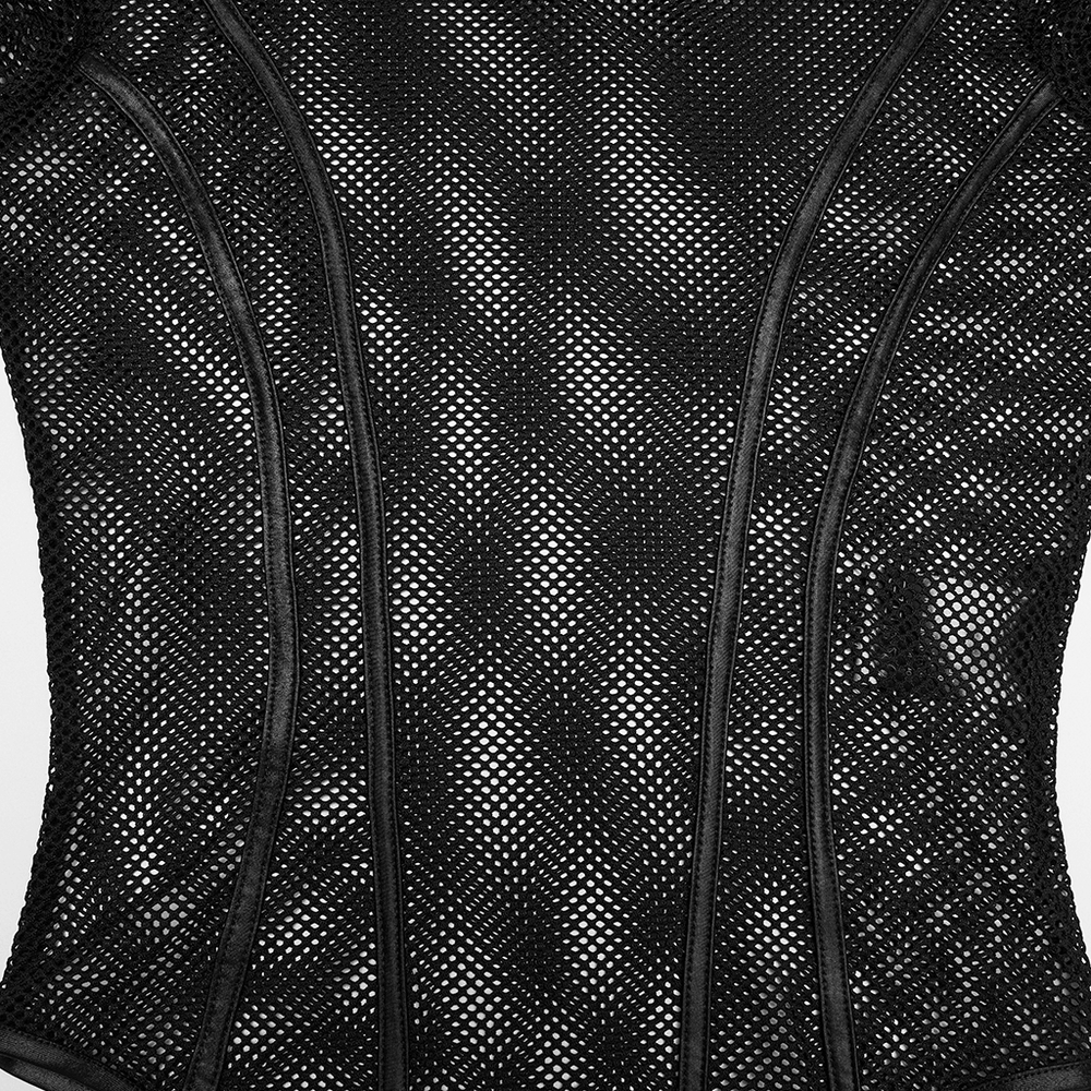 Cyberpunk Mesh Armor Shoulder Bodysuit with Snap Buttons, showcasing intricate mesh details and structured fit.