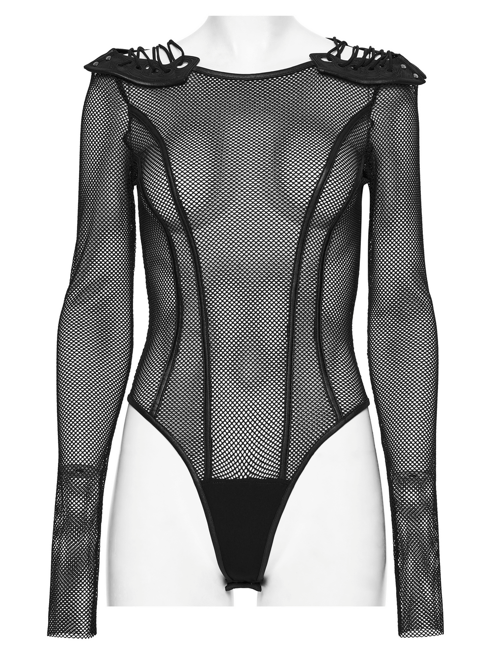 Cyberpunk Mesh Armor Shoulder Bodysuit with Snap Buttons on display, featuring stylish mesh and unique shoulder design.