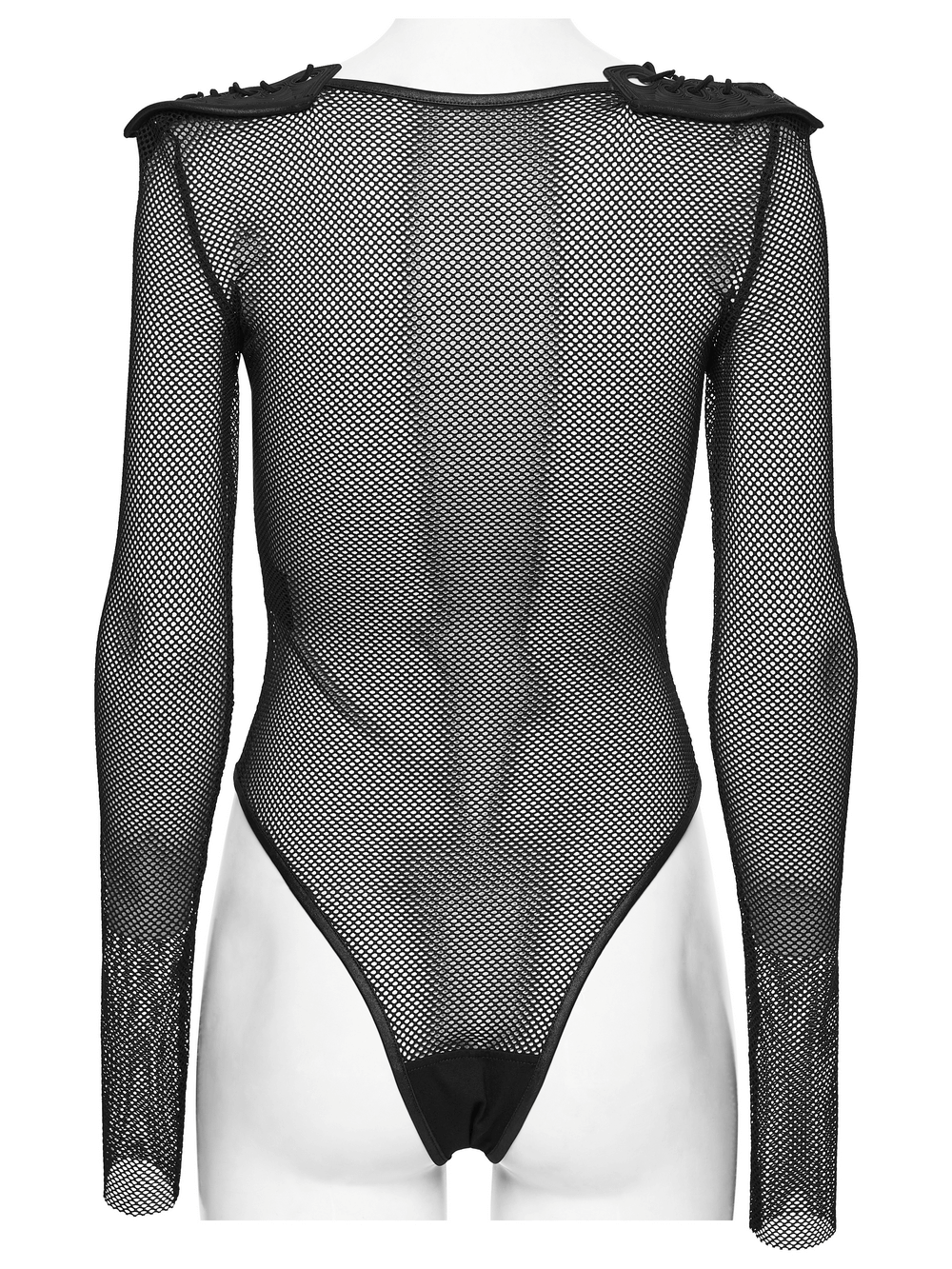 Back view of Cyberpunk Mesh Armor Shoulder Bodysuit with Snap Buttons showcasing mesh design and shoulder details.