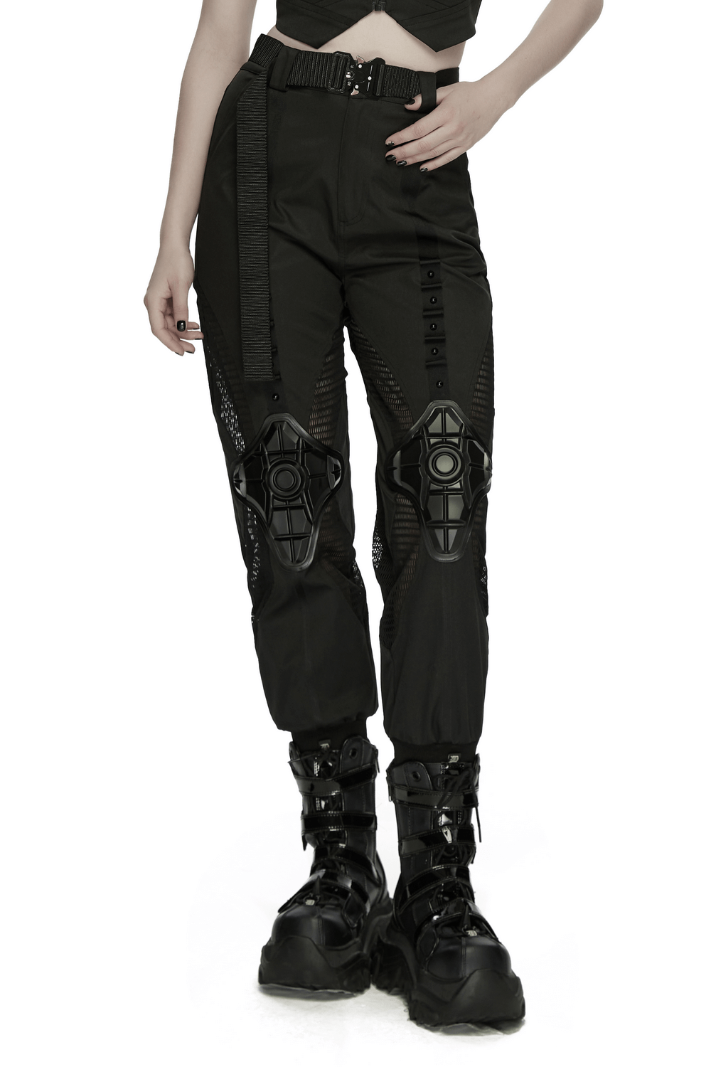 Cyberpunk Mesh Cargo Jogger Pants with Rubber Knees showcasing rubber knee panels and mesh details.