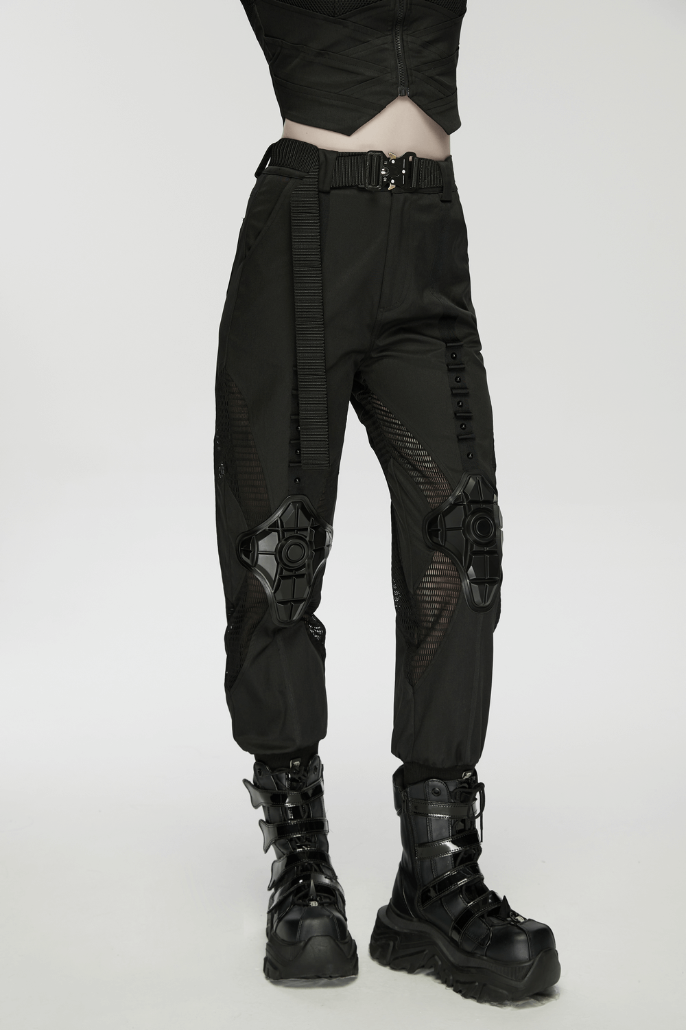 Cyberpunk Mesh Cargo Jogger Pants with Rubber Knees featuring mesh panels and rubber knee accents.