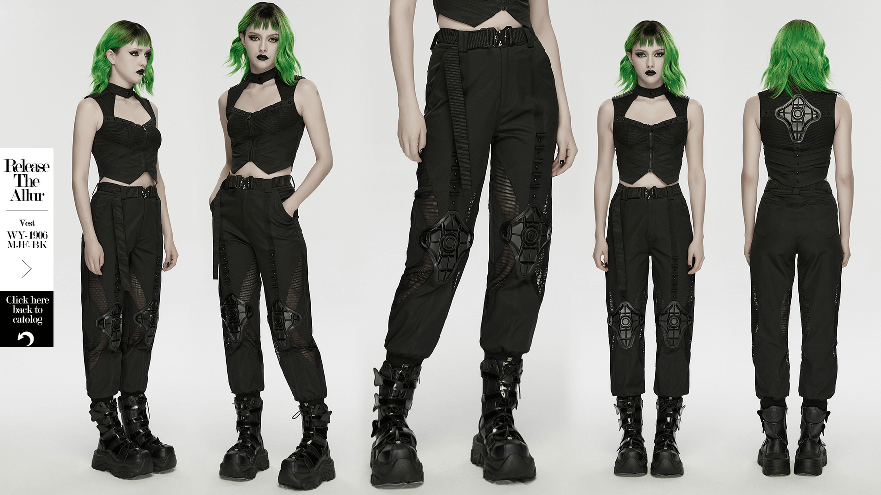 Cyberpunk Mesh Cargo Jogger Pants with Rubber Knees showcased on model with green hair in various angles.