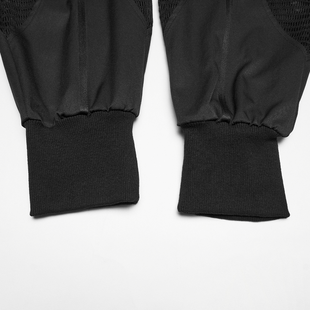Cyberpunk Mesh Cargo Jogger Pants with Rubber Knees ribbed cuffs detail close-up.