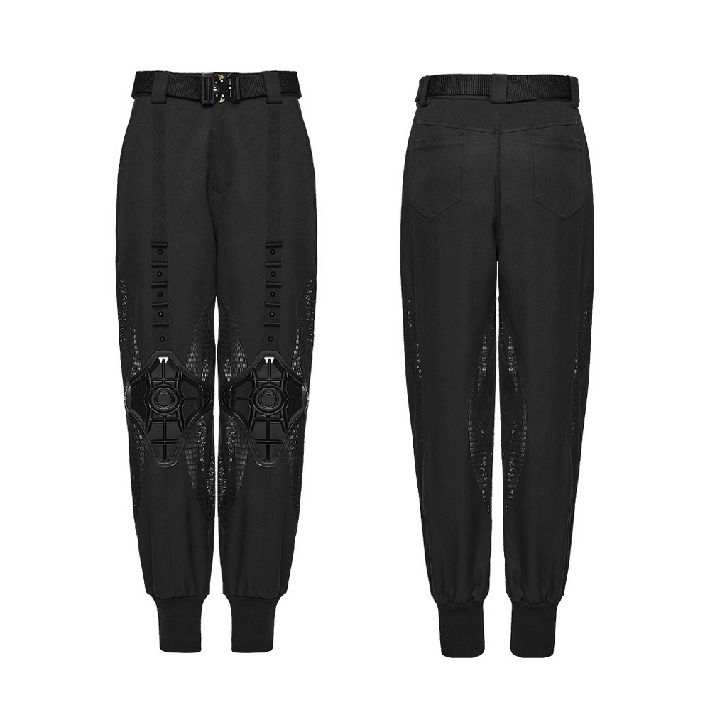Cyberpunk Mesh Cargo Jogger Pants with Rubber Knees featuring mesh panels and rubber knee detailing.