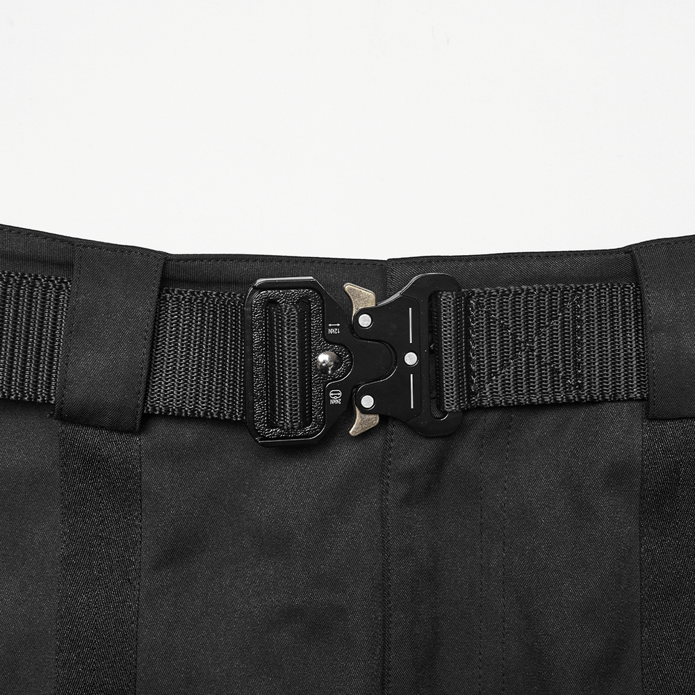 Close-up of the adjustable waistband on Cyberpunk Mesh Cargo Jogger Pants with Rubber Knees.