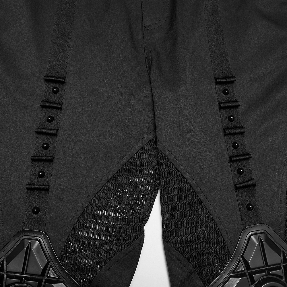 Close-up of Cyberpunk Mesh Cargo Jogger Pants with Rubber Knees featuring mesh panels and studded thighs.