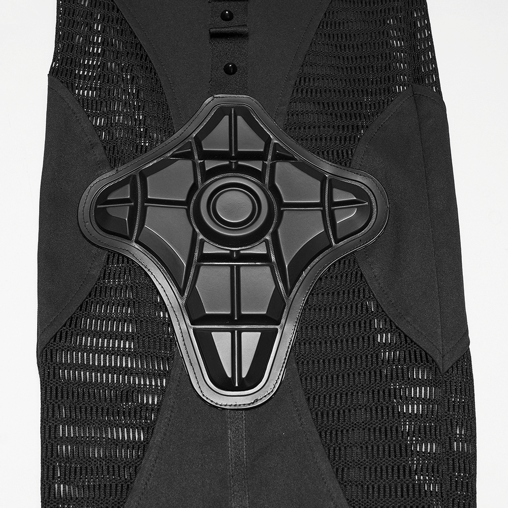 Cyberpunk Mesh Cargo Jogger Pants with Rubber Knees close-up of rubber knee panel and mesh fabric