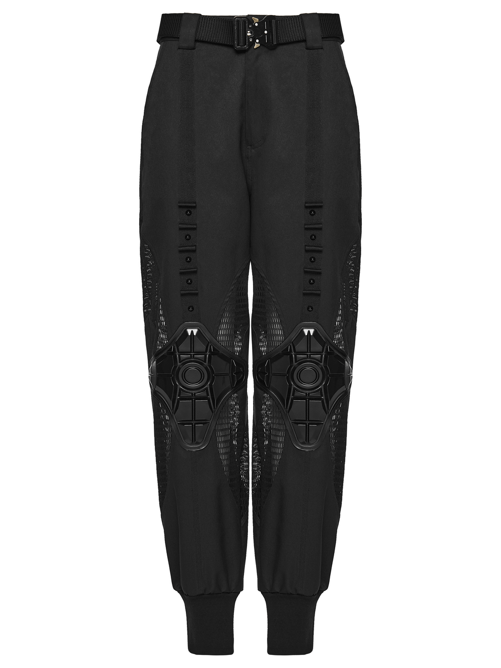 Cyberpunk Mesh Cargo Jogger Pants with Rubber Knees showcasing unique design and adjustable waistband.